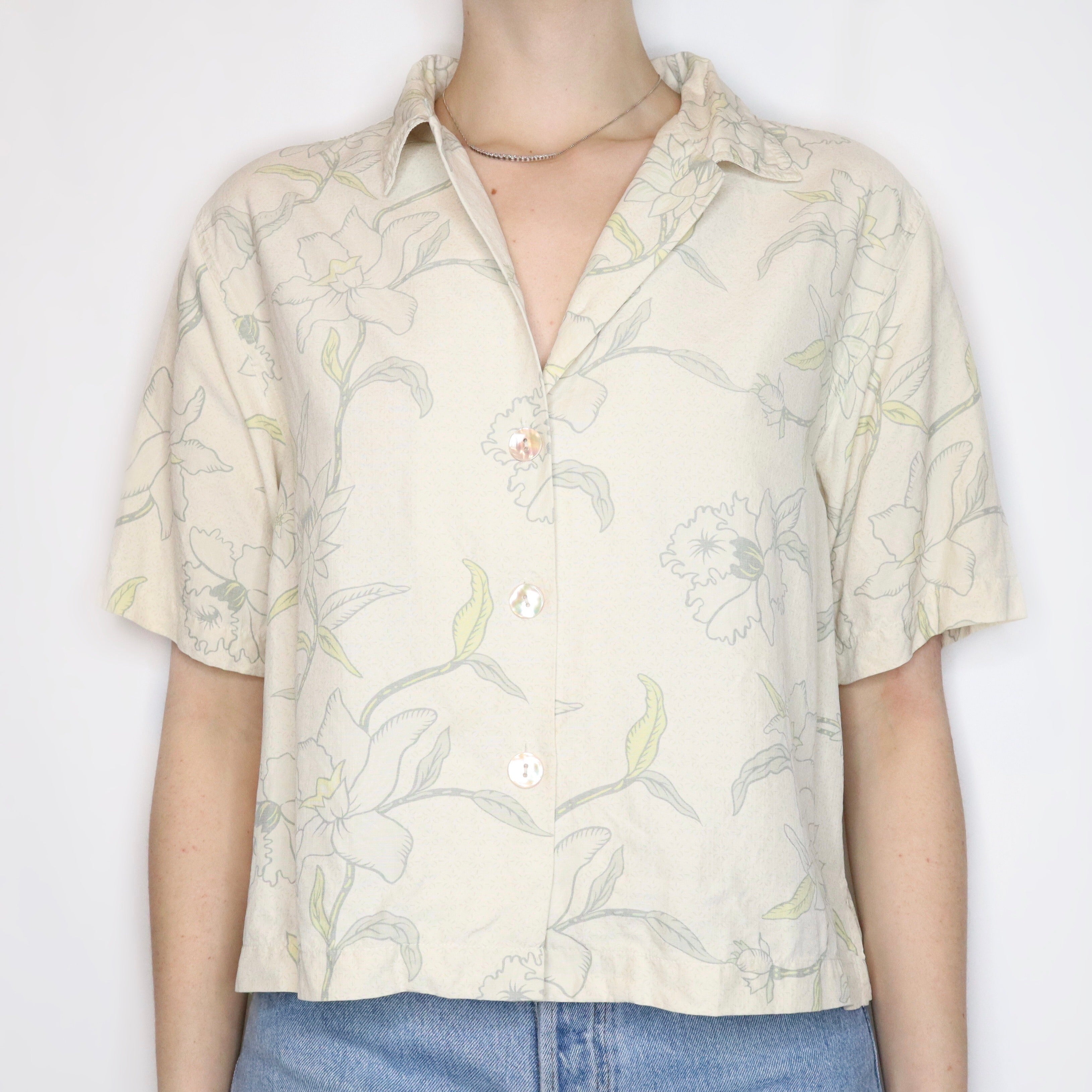 Vintage 90s Tommy Bahama Cream Floral Silk Shirt - Imber Vintage