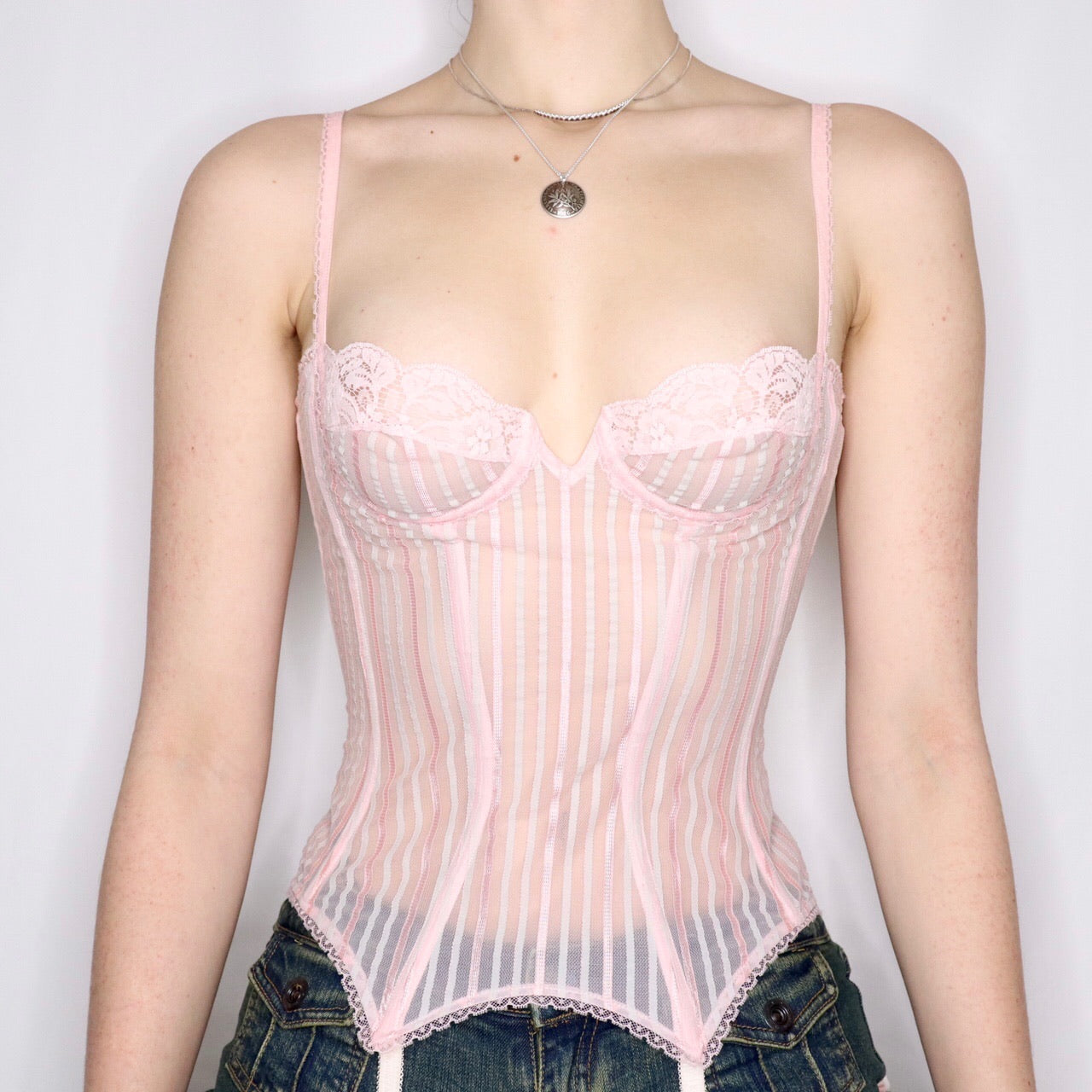 Rare French Vintage 70s Baby Pink Mesh Corset